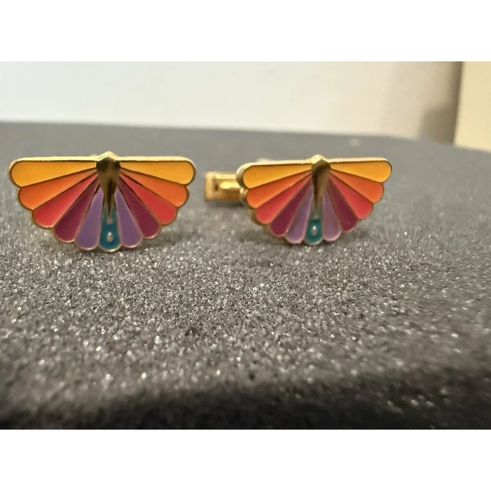 Vintage NBC Peacock Cufflinks Enamel H.L.P. Gold Tone TV Broadcast Collectible